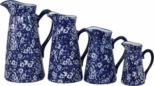 Set of 4 Ceramic Jugs, Vintage Blue & White Daisies Design
